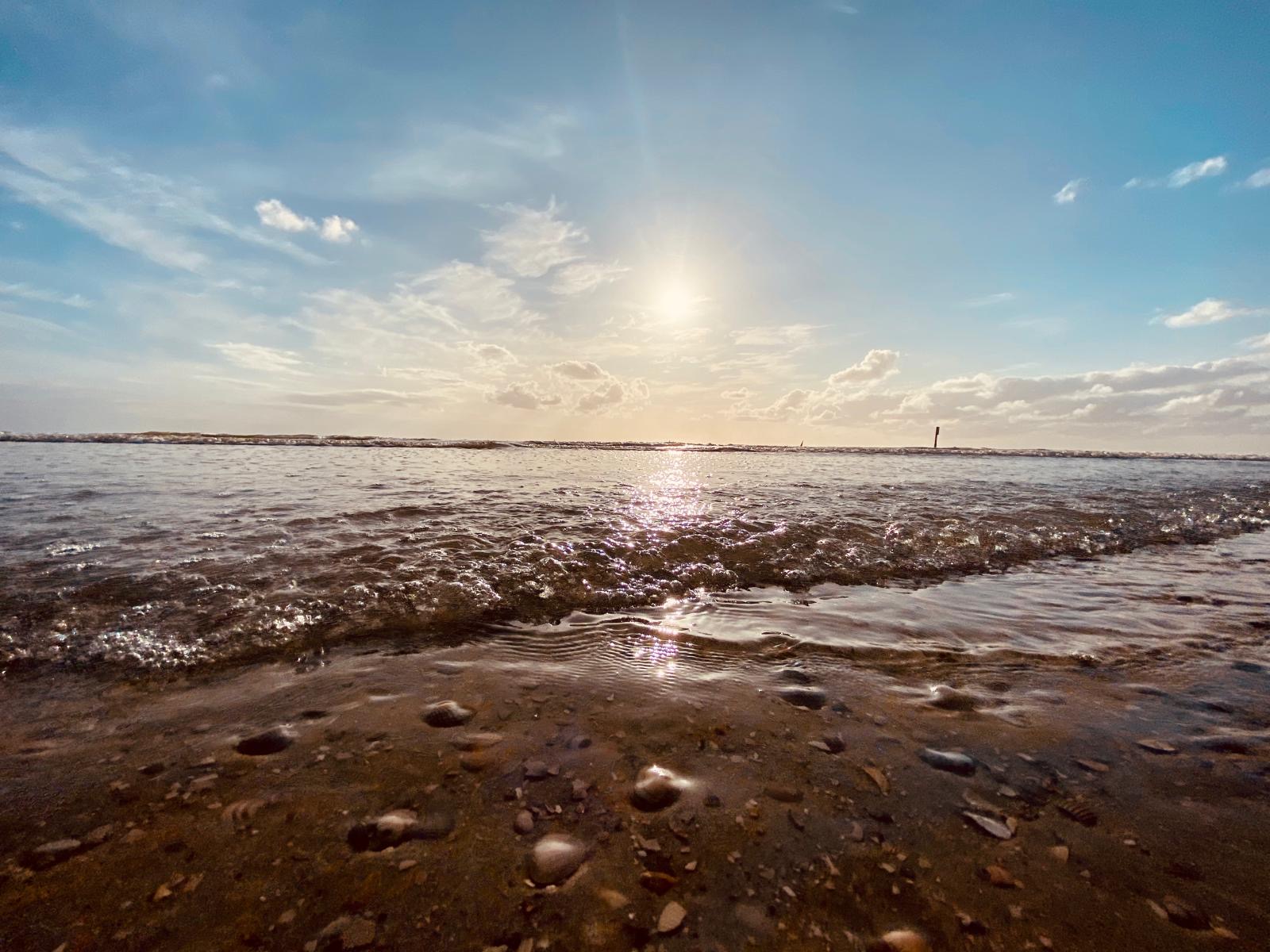 Wellen mit Muscheln im Vordergrund bei tiefstehender Sonne
