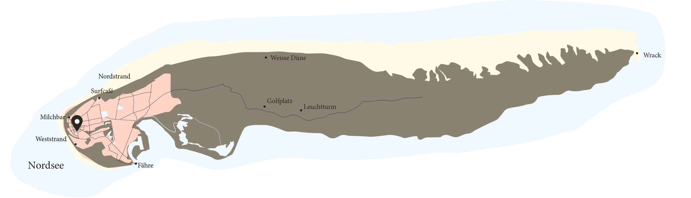 Inselplan von Norderney mit der Lage von Herr Friese im Ortskern sowie Nordstrand, Surfcafé, Milchbar, Weststrand, Fähre, Weisse Düne, Golfplatz, Leuchtturm und Wrack